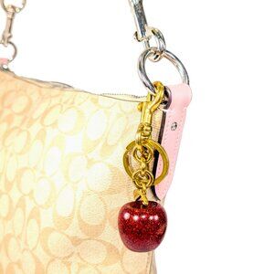 Small Apple Bag Charm Red Sparkle Apple Brass Gold Keychain
